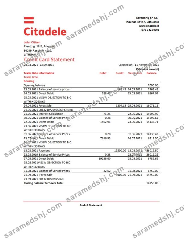 Lithuania (Litva) Citadele bank credit card statement template in Excel and PDF format